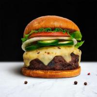 Jalapeno Mission Impossible Burger · Plant-based impossible patty grilled and topped with melted vegan mozzarella cheese, jalapen...