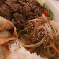 Kimpo 2 Combo · Served with fried mandoo, chap chae, and white rice.