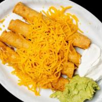 Loaded Chicken Taquitos · crispy rolled chicken taquitos with cheese, sour cream, and guac