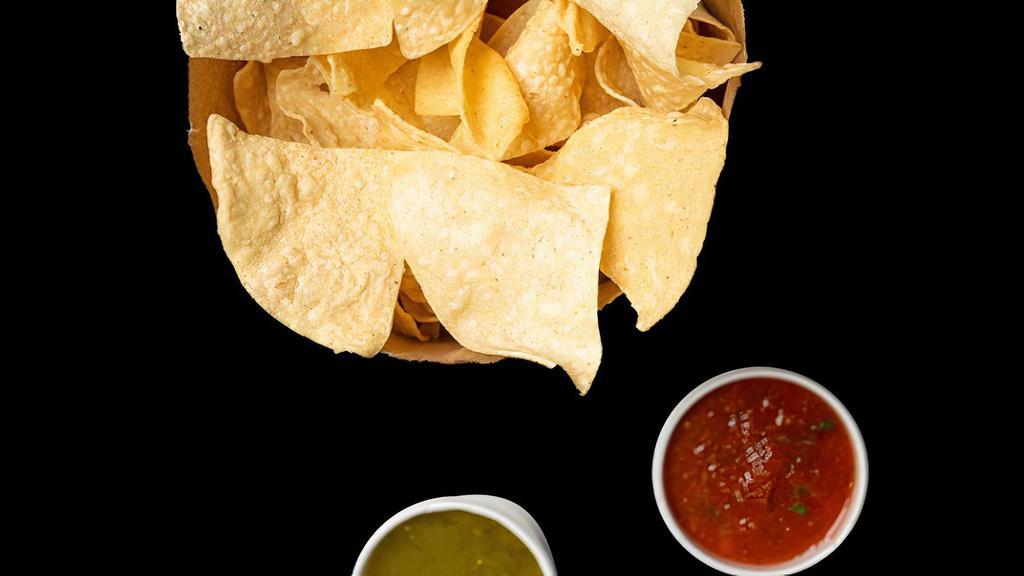 Chips & Salsa · Small bag of chips, red & green salsa