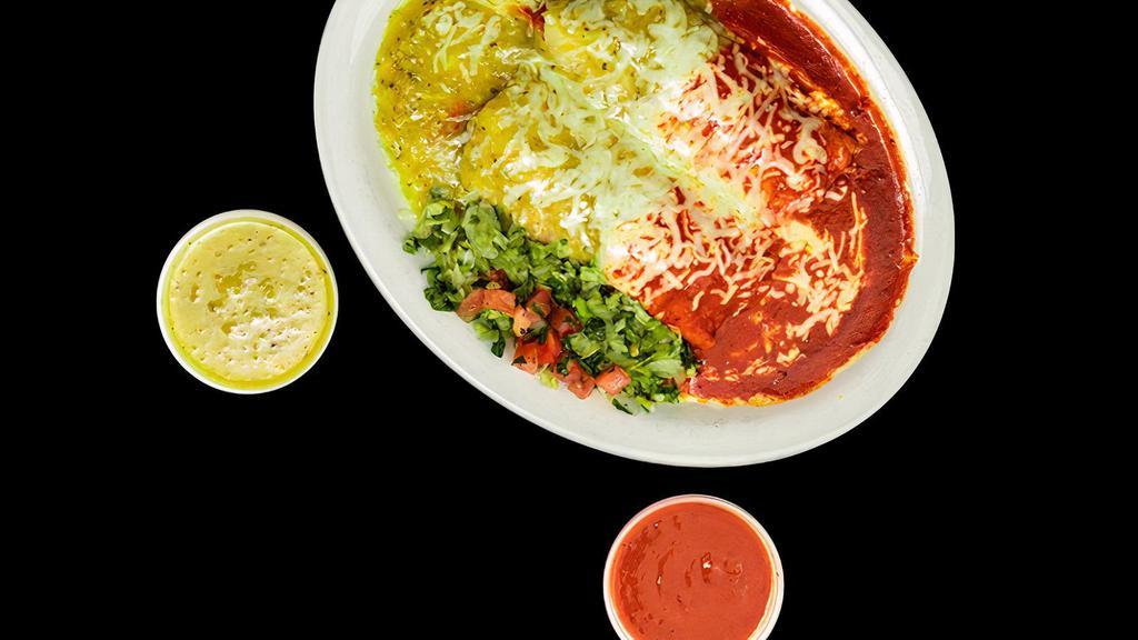 2 Chicken Enchiladas · 2 chicken enchiladas with your choice of red or green sauce (or both 