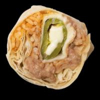Chile Relleno Burrito · a deep fried, cheese stuffed relleno, rice, beans, red sauce, wrapped in a flour tortilla