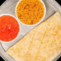Kids Quesadilla Meal · Soft and folded cheese quesadilla served with rice or beans & a kids fountain soda.