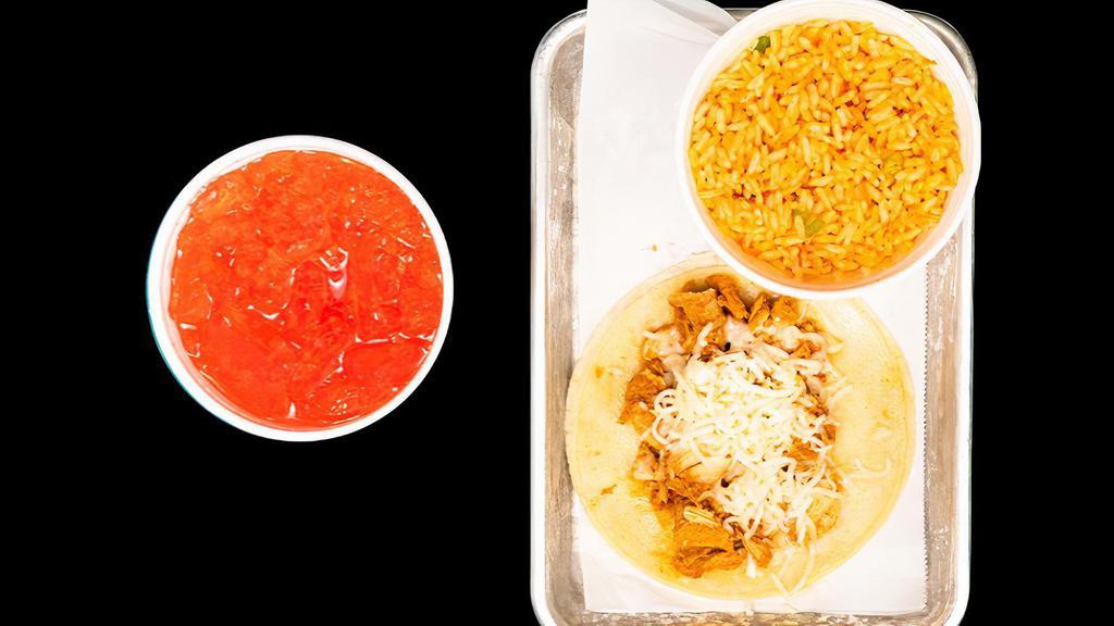 Kids Soft Taco Meal · Soft taco with chicken and cheese on corn tortilla, rice or beans & a kids fountain drink.