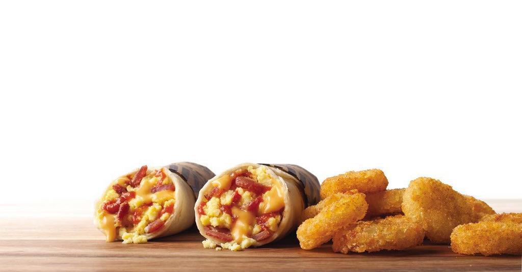 Two Junior Breakfast Burritos Combo · Each burrito is made with a warm Flour Tortilla filled with delicious Scrambled Eggs, Nacho Cheese, and your choice of Bacon or Chorizo Sausage. Order a small medium or large Combo with a beverage and a side of your choice.