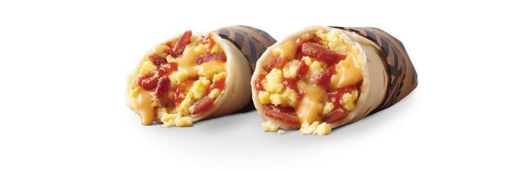Junior Breakfast Burrito · A warm Flour Tortilla filled with delicious Scrambled Eggs, Nacho Cheese, mild sauce and your choice of Bacon or Chorizo Sausage.