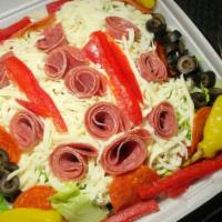 Antipasto Salad · Romaine, tomatoes, red bell peppers, onions, salami pepperonicin, capicole, mozzarella, and ...