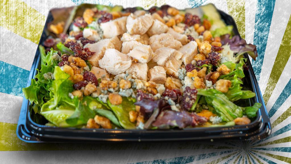 No Meat Freak Balsamic Veggie Chicken & Gorgonzola Salad (Half) · Vegetarian chicken, mixed greens, basil, gorgonzola cheese, glazed cranberry walnuts and balsamic dressing.