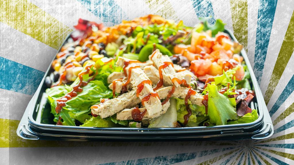 The Plant Rising Veggie Chicken Southwest Salad (Full) · Vegetarian chicken, mixed greens, crispy cheddar onions, diced tomatoes, corn, black beans, chipotle ranch dressing and BBQ sauce.