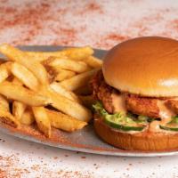 Nashville Hot Af Tender Sandwich · 3 hand-breaded crispy chicken tenders served on buttery brioche bun with housemade pickles a...