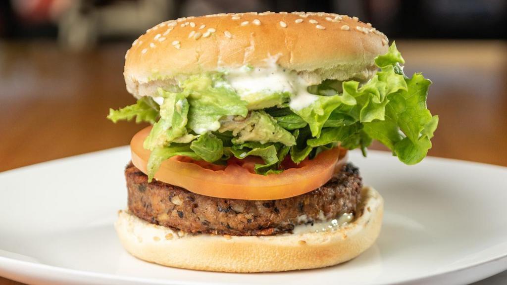 Garden Burger · Veggie Patty, Avocado, Lettuce, Tomato, and Ranch on a Toasted Sesame Seed Bun