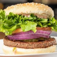 Impossible Rush Burger · 1/4 lb. Impossible Patty (plant based) comes with 1000 Island, Lettuce, Tomato, Onion & Pick...