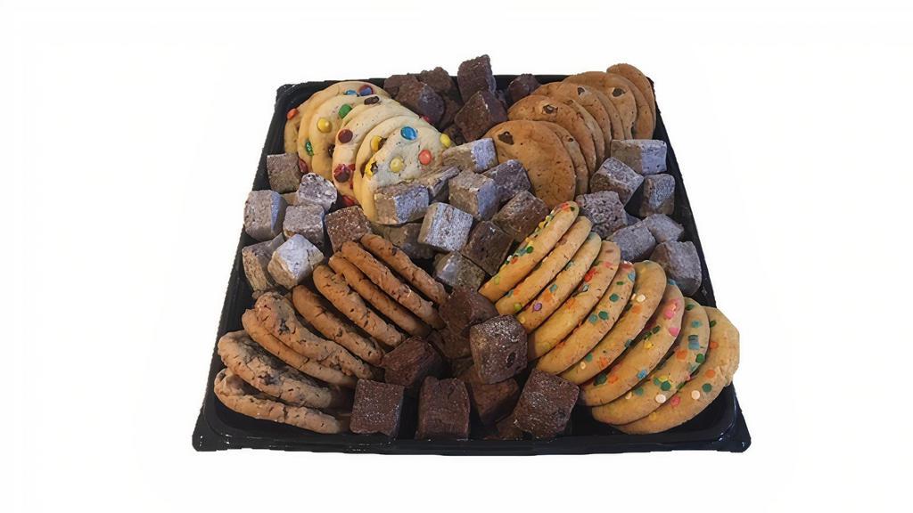 Cookie & Brownie Bite Platter Large 60Ct · Hand crafted assortment of Sugar, Chocolate Chip, Candy and Oatmeal Raisin cookies combined with a variety of Sugar Dusted and Fudge brownie bites.  Serves 42-50.