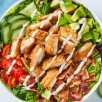 Chicken Bacon Ranch Bowl · Protein and greens! Salad greens with sliced chicken strips, chopped bacon, cucumber slices,...