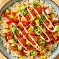Chicken Burrito Bowl · A southwestern favorite. A bed of rice pilaf, topped with diced seasoned chicken breast, cor...