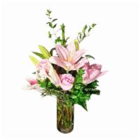 Pink Dream · Wrapped Bouquet with Pink Roses and Pink Lilies with Greenery.