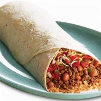 Mondo Burrito · Flour tortilla, rice, beans, meat, cheese, and pico de gallo.