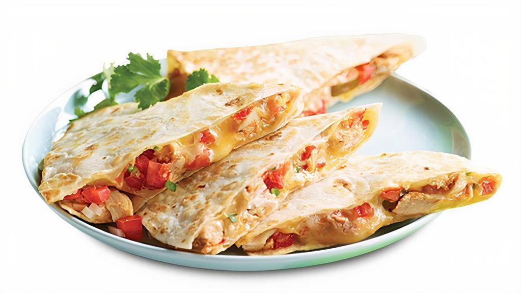 Quesadilla · Large tortilla filled with Monterey and Cheddar cheese, your choice of protein, and freshly made pico de gallo. Grilled until a perfect golden-brown.