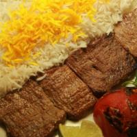 Barg · Flat tender slices of beef, marinated, skewered and charbroiled to order.