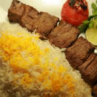 Shish Kabob · Succulent cubed shaped pieces of marinated beef skewered and charbroiled
