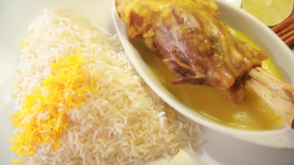 Lamb Shank · Saffron steamed basmati rice. Served with oven cooked lamb shank.