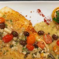 Mediterranean Seabass · Panko, cherry tomato, olives, caper sauce. served with veggies