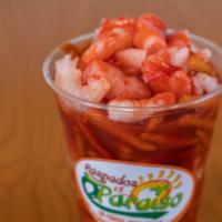 Churro Loco With Shrimp · Churro, cucumber, lime, chamoy, and clamato with shrimp in a cup.