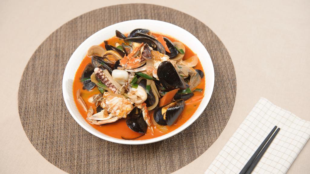 Seafood Jjambong · Spicy. Crab, shrimp, squid, mussels, clams vegetables, and our homemade noodles prepared in a flavorful Jjambong broth with spiciness to your specification.