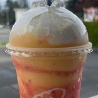 Mango-Licious: (Frostbite Only) · Mango Smoothie with Mangonada Syrup swirled with Strawberry Puree.