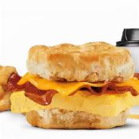 Bacon Egg & Cheese Biscuit Combo · Rise and shine with our Bacon, Egg & Cheese Biscuit. Thick cut naturally smoked bacon, fluff...