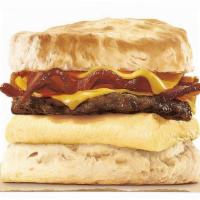 Double Biscuit With Sausage Bacon Egg & Cheese · Our Double Biscuit with Sausage & Bacon is fresh baked for a soft, flaky biscuit piled high ...