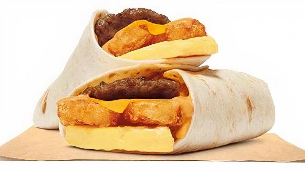 Breakfast Burrito Jr.  · Our grab-and-go Breakfast Burrito Jr. is a combination of scrambled eggs, savory sausage, melted American cheese, crunchy hash browns and creamy spicy sauce all wrapped up in a soft white flour tortilla.