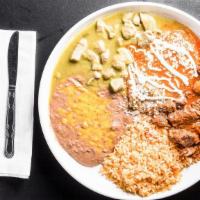 Los Tres Amigos · Gluten-free. Chile Colorado, Chile verde, and authentic Chile relleno served with rice, bean...