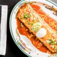 #16 Super Burrito & Chile Relleno · With rice and beans wrapped inside the burrito. Garnished with, cheese, sauce, sour cream, a...