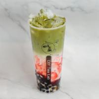 Strawberry Matcha Fresh Milk Tea · organic matcha green tea,
fresh whole milk,
strawberry syrup,
tapioca boba recommended