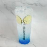 Blue Ocean · sparkling water,
blue curacao syrup,
lime slices
