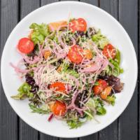 Small House Salad · Carrots, red onions, cucumbers, sherry vinaigrette.