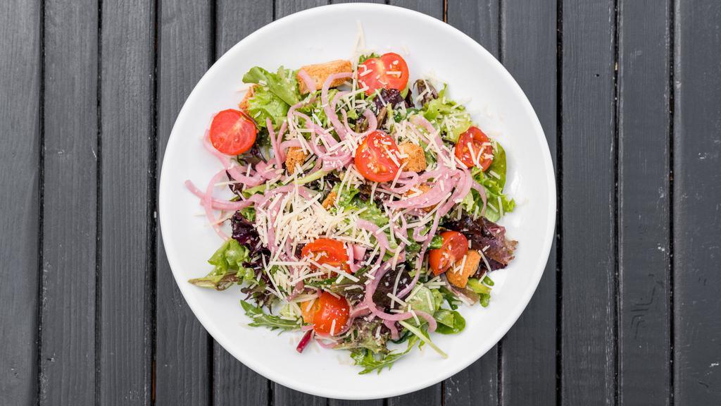 Small House Salad · Carrots, red onions, cucumbers, sherry vinaigrette.