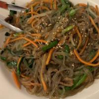 Jap Chae · Vermicelli noodles with beef and vegetables.
