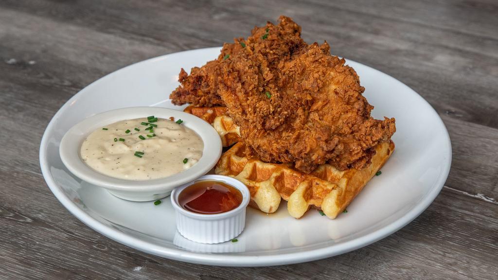 Fried Chicken And Waffles · B & I Classic. Liege Waffled with Mary's Buttermilk Fried Chicken Breasts. Served with Maple Syrup and Country Gravy on the side.