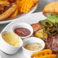 Jalapeno Bacon Cheddar Burger · Jalapeno, Cheddar, Bacon and Beef Patty, Topped with Jalapenos and Cheddar Cheese. Served wi...