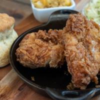 Buttermilk Fried Chicken Plate With Bruce'S Bbq Sauce · Two Buttermilk Fried Chicken Breasts, house made Mac, Coleslaw, a Buttermilk Biscuit and a s...