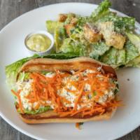Dungesness Crab Sandwich · Dungeness Crab mixed with basil, Wasabi aioli, pine nuts and sweet peppers, on a roll with l...