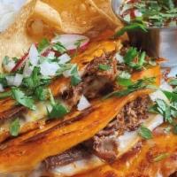 1 Quesatacos · (1) Corn tortilla with white cheese and your choice of meat, smothered in barbacoa broth & p...