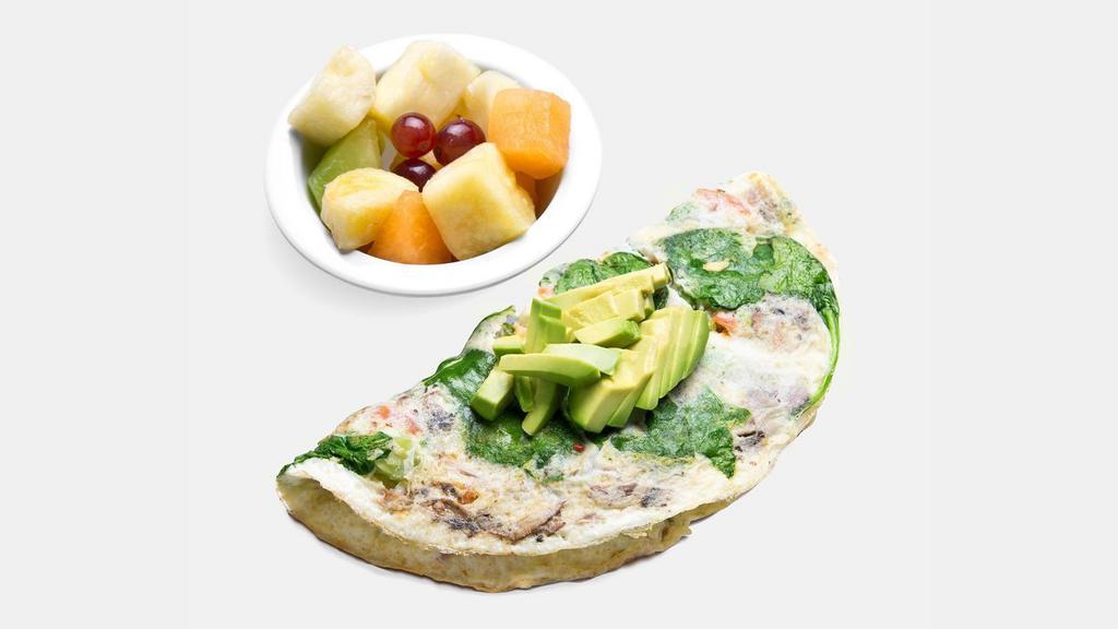 Shrdd Veggie Omelette · Six Egg Whites, Red Peppers, Red Onions, Spinach, Broccoli, Tomatoes, Zucchini, Asparagus, Mushrooms, Avocado, served with Side of Fruit.