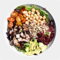 Vegan Mixed Salad · Grilled Portobello Mushroom, Quinoa, Spring Mix, Spinach, Cherry Tomatoes, Chickpeas, Cranbe...