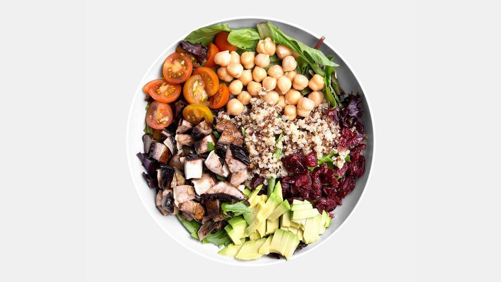 Vegan Mixed Salad · Grilled Portobello Mushroom, Quinoa, Spring Mix, Spinach, Cherry Tomatoes, Chickpeas, Cranberries, Avocado, and house-made Balsamic Vinaigrette Dressing.