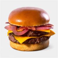 Muscle Builder Burger · 2 Organic Grass-Fed Bison Patties, Turkey Bacon, Low-Fat Cheddar and Caramelized Onions.