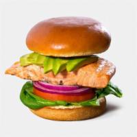 Salmon Burger · Sustainable Salmon, Spinach, Red Onions, Tomatoes, Avocado, with ProteinHouse House-made Aga...