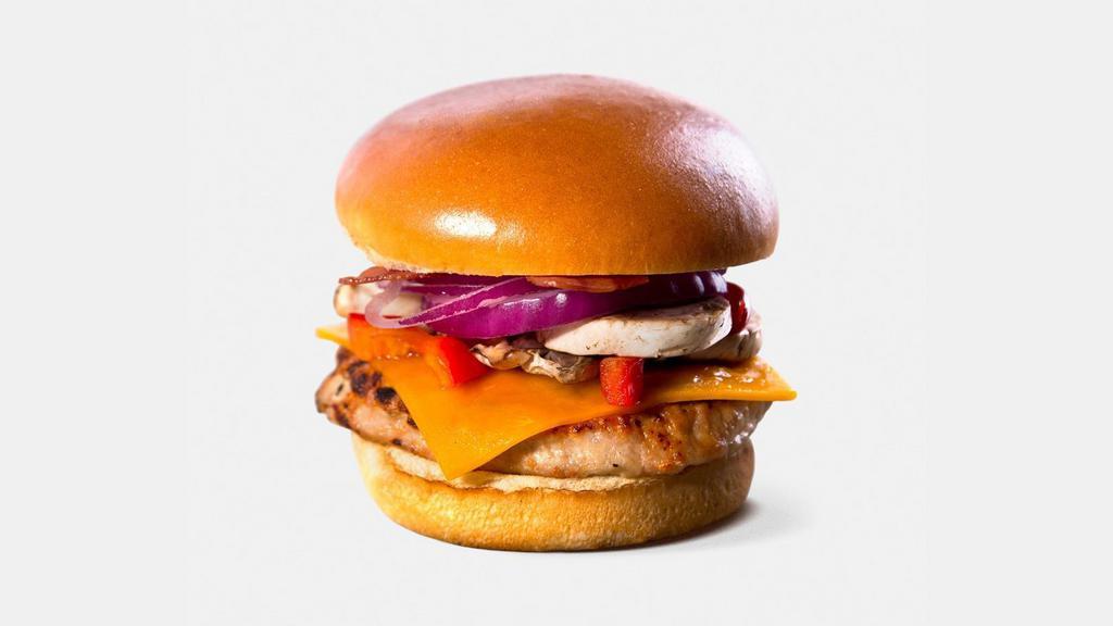 Bbq Turkey · Hormone-Free Turkey Burger, Turkey Bacon, Low-Fat Cheddar, Red Peppers, Red Onions, Mushrooms and ProteinHouse BBQ Sauce